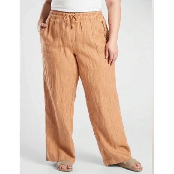 ATHLETA Cabo Textured Wide Leg Pants 100% Linen Drawstring Ochre Plus Sz 24 - Picture 1 of 10